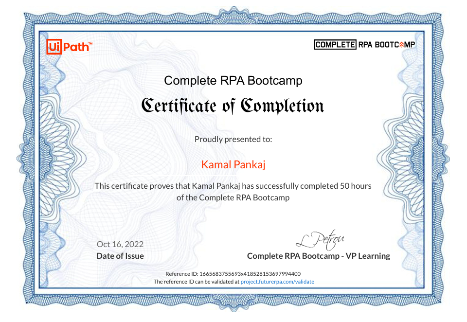 Complete RPA Bootcamp Certificate.